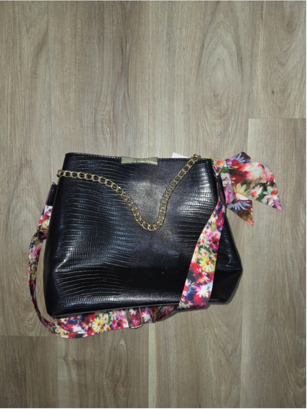 Betsey Johnson Women's Black Floral Bucket Bag with Chain Swag